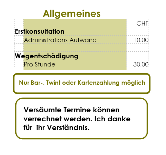 Allgemeines 
Erst-Konsultation für Administration Aufwand 10 CHF
Wegentschädigung  pro Stunde 30 CHF/Sunde