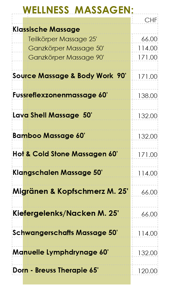 Angebot Massagen
Klassische Massage 25' 66CHF
Klassische Massage 50' 114CHF
Klassische Massage 90' 114CHF
Source Massage &Body Work 90' 171'
Fussreflexzohnen Massage 60' 138CHF
Lava Shell Massage 50' 132CHF
Bamboo Massage 60' 132CHF
Hot & Cold Stone Massage 60' 171CHF
Klangschalen Massage 50' 114CHF
Migränen & Kopfschmerzmassage 25' 66CHF
Kiefergelenks /Nackenmassage 25' 66CHF
Schwangerschafts Massage 50' 114CHF
Manuele Lymphdrynage 60' 132CHF
Dorn- Preus Therapie 65' 120CHF